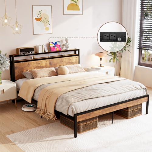 Queen Size Bed Frame with 4 Storage Drawers, LED Platform Bed with Headboard, Built in Charging Station, Noise Free, Stable and Solid