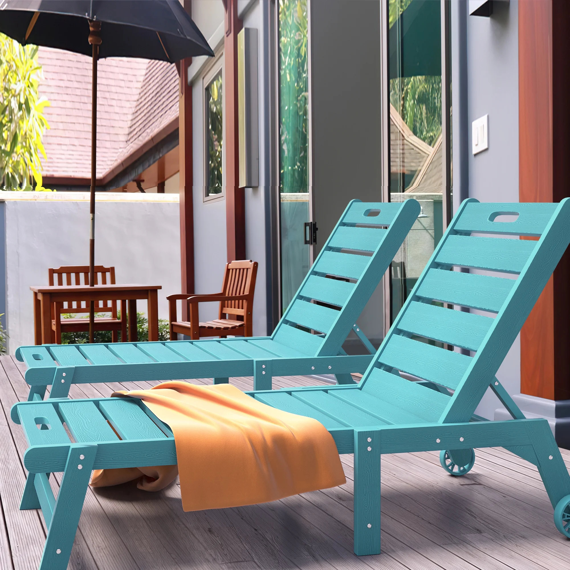 Dextrus 2 Pieces Patio Chaise Lounge Chairs Furniture Set, Pool Reclining Chaise Chairs With Wheels