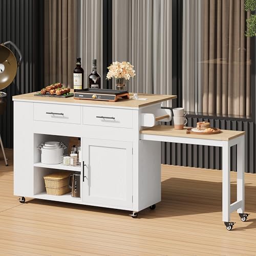 Kitchen Island with Storage on Wheels Drop Leaf Extandable Table Kitchen Island Cart with Drawers Power Outlet