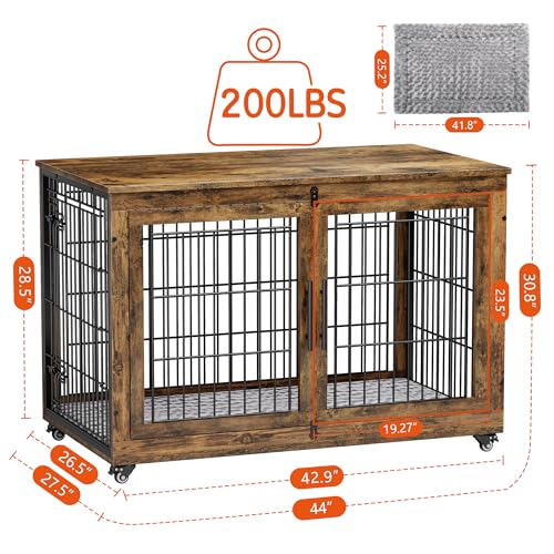 Lulive Dog Crate Furniture for Medium Dogs, 32'' Dog Kennel Indoor with Cushion & Wheels Wooden Dog Cage Double Doors Dog Crate End Table, Grey
