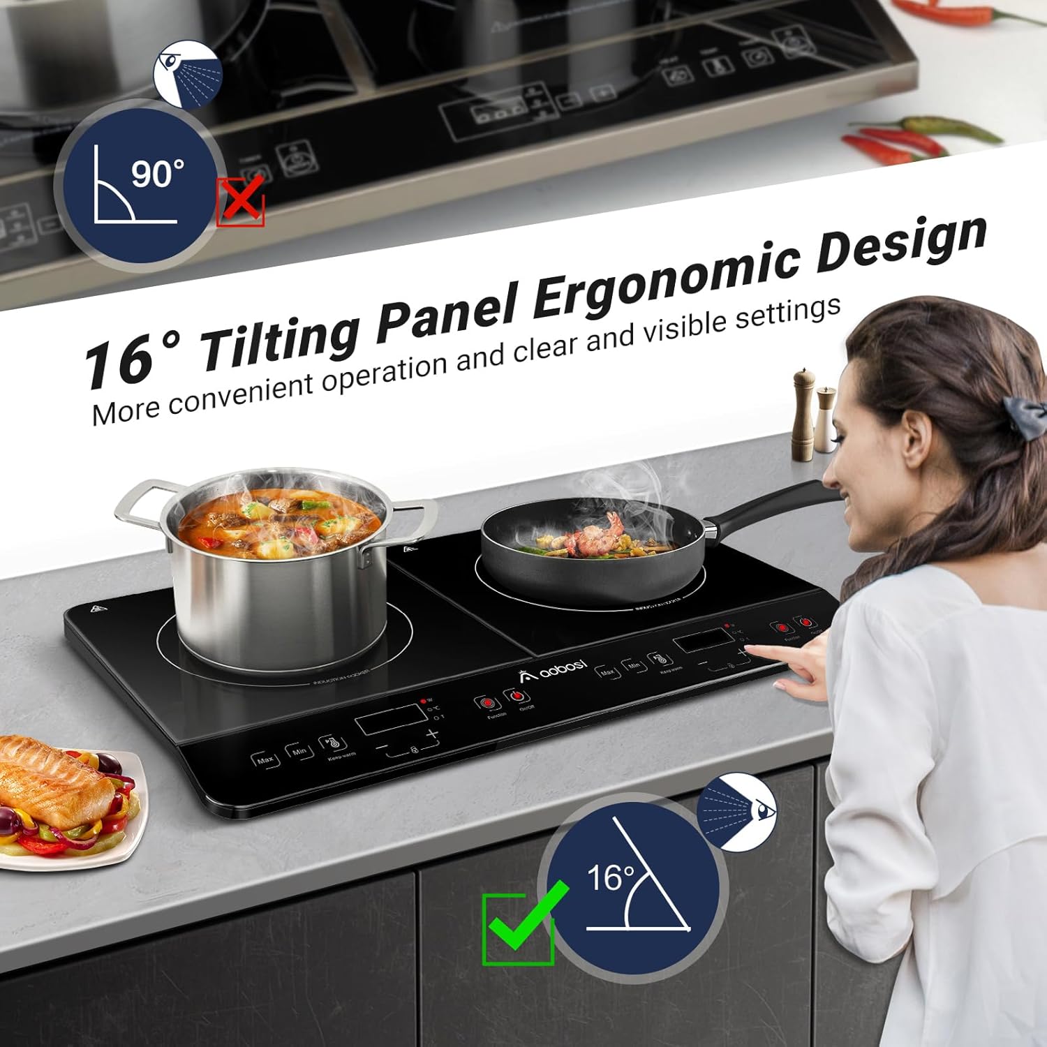 Aobosi Double Induction Cooktop Burner with 240 Mins Timer, 1800w 2 Induction Burner with 10 Temperature 9 Power Settings