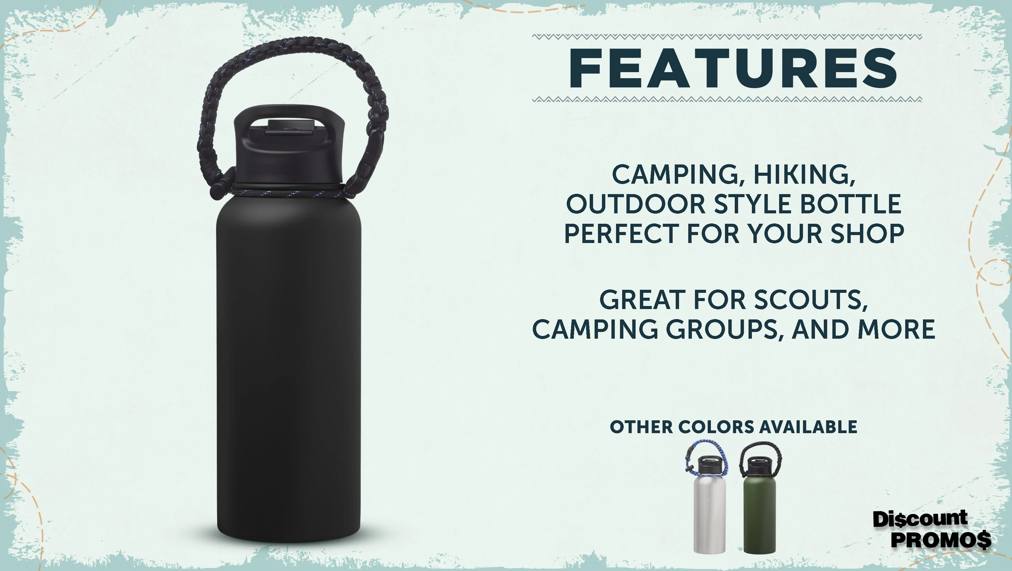 6 Vulcan Stainless Steel Water Bottles with Strap Set, 34 oz. - Double Wall, Vacuum Insulated - Black