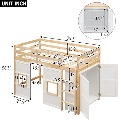 Full Size Loft Bed with L-Shaped Desk, Wardrobe and Storage Shelves, Solid Wood Bedframe w/Safety Guardrails & Ladder for Kids Teens Adults