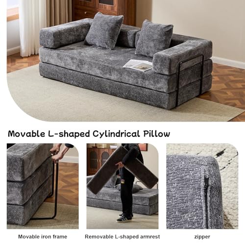 Convertible Floor Sofa Bed, Foldable Mattress Cloud Couch with Pillow Back & Armrest, Chenille Sleeper Sofa Bed with Fixed-Shape Frame