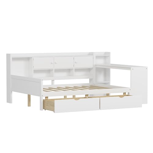 Corner Twin Bed Frame with Bookcase Storage and Desk, Wood Day Beds with 2 Drawers, Twin Size Daybed with Storage for Living Room