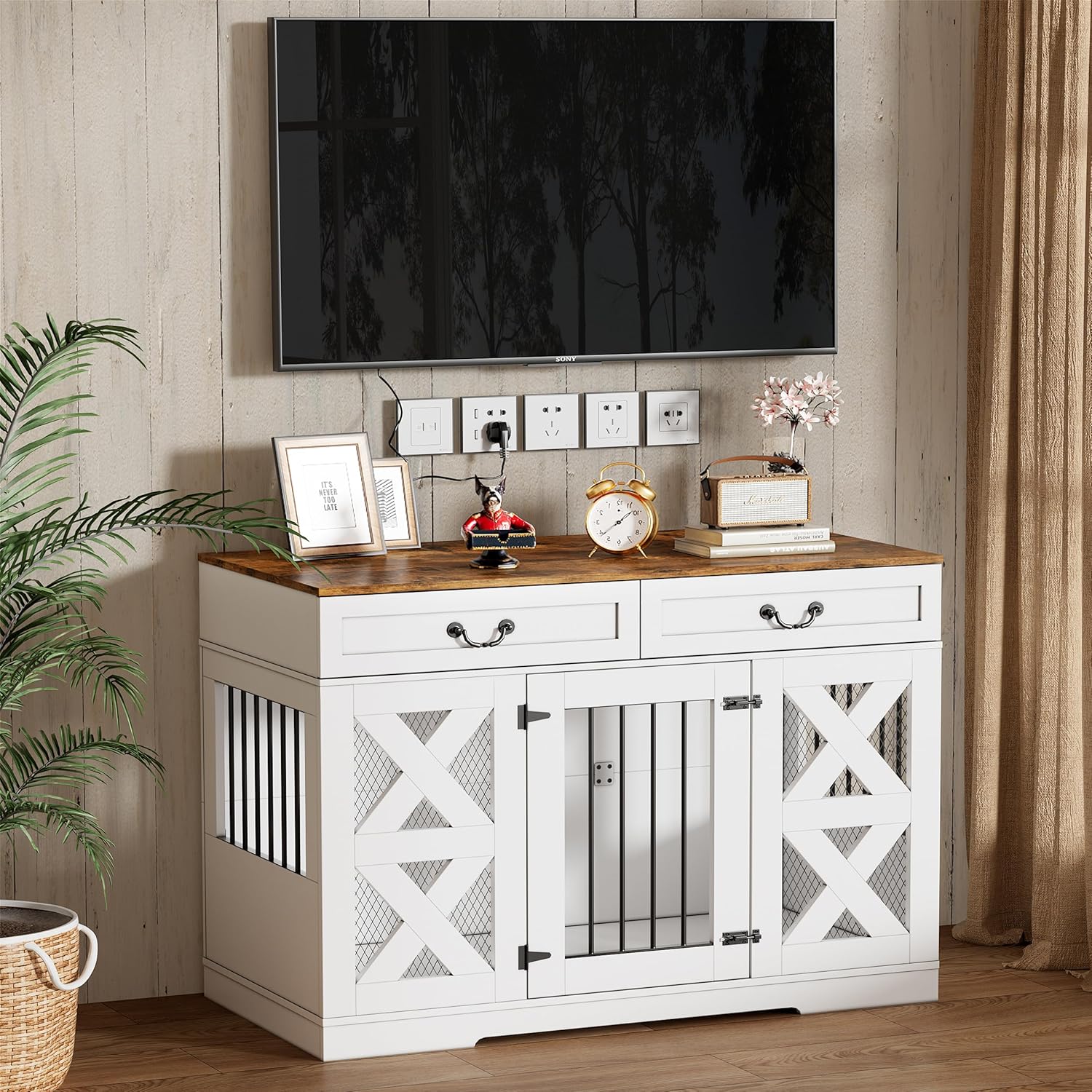 Large Dog Crate Furniture - Dog Kennel with Drawers Storage and Locks, 2-in-1 Crates for Dogs Indoor