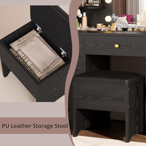 IRONCK Vanity Desk with Mirror and Lights, Small Makeup Vanity Table with 5 Drawers, Power Outlet, and Vanity Stool, 3 Lighting Colors