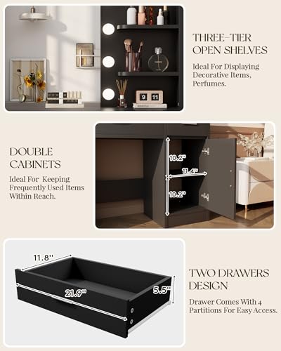 Vanity Desk with Mirror and Lights, Makeup Vanity with Drawer & Storage Shelves, Cabinet, 3 Lighting Modes Adjustable Brightness