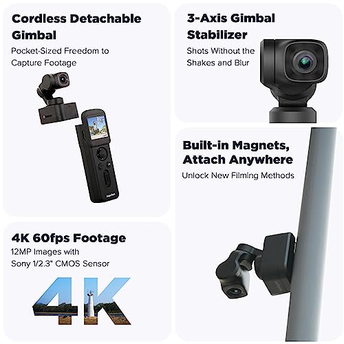 Feiyu Pocket 3 Kit: Remote Handle&Camera – Camera with 3-Axis Gimbal, Cordless Detachable Designed, Magnetic Mount, for Travel, Car Vlog
