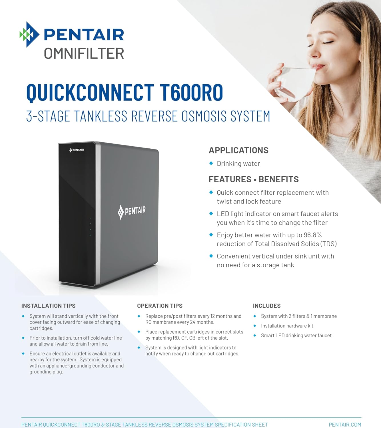Pentair OMNIfilter Reverse Osmosis System, NSF/ANSI 58 Certified with Efficient 1:1 Pure to Drain, Tankless Under Sink RO System, Smart LED Faucet
