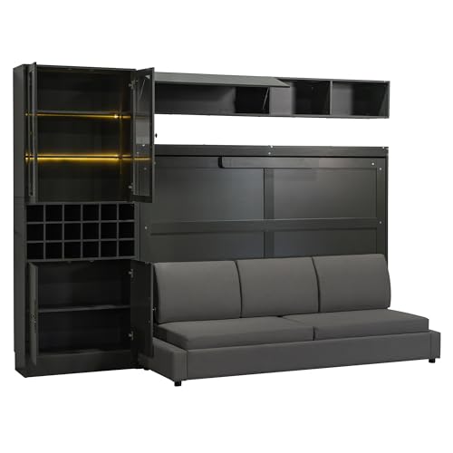 Merax Queen Size Murphy Bed Wall Bed with Sofa, Shelves, USB & Light - Space Saving Foldable Bed for Small Apartments, Grey