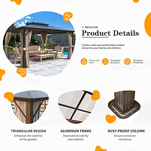 MELLCOM 10'x13' Hardtop Gazebo with Polycarbonate Double Roof, Aluminum Frame Outdoor Gazebo Permanent Pavilion with Curtains and Netting for Patio