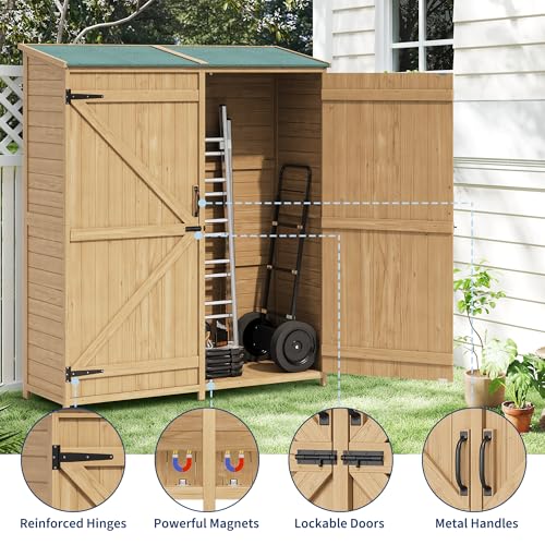 Outdoor Storage Shed with Waterproof Asphalt Roof 2 Removable Adjustable Shelfs and Double Lockable Doors Garden Tool Storage Cabinet with Side Shelf