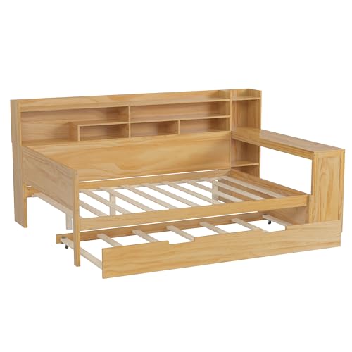 Corner Twin Bed Frame with Bookcase Storage and Desk, Wood Day Beds with 2 Drawers, Twin Size Daybed with Storage for Living Room