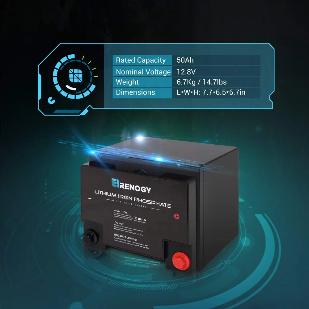 Renogy 12V 50Ah LiFePO4 Lithium Battery, Lithium-Iron Phosphate Solar Battery, 2000 Life Cycles, Built-In BMS, Perfect for RV, Solar, Marine