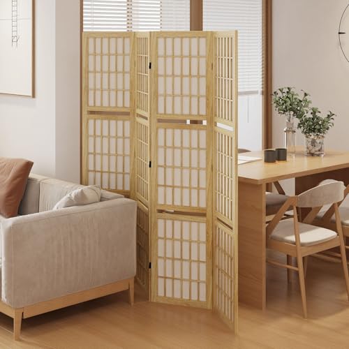 Room Divider, 66.9Inch Tall Japanese Shoji Style Folding Wood Screen with Double Hinges for Home Office Bedroom Hotel Decoration (4Panels, Black)