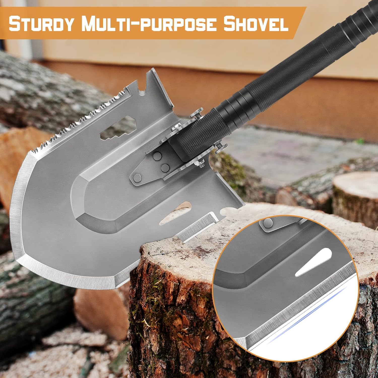 Survival Shovel Multitool, FLYEGO One-Key Lockable Quick Install Folding Military Camping Shovel with Carrying Case for Off-Roading, Camping