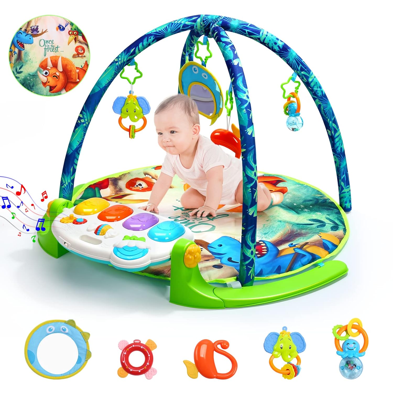 HOLYFUN Baby Gym Play Mat, Kick and Play Piano Gym with 5 Sensory Teether Toys, Multifunctional Tummy Time Round Playmats