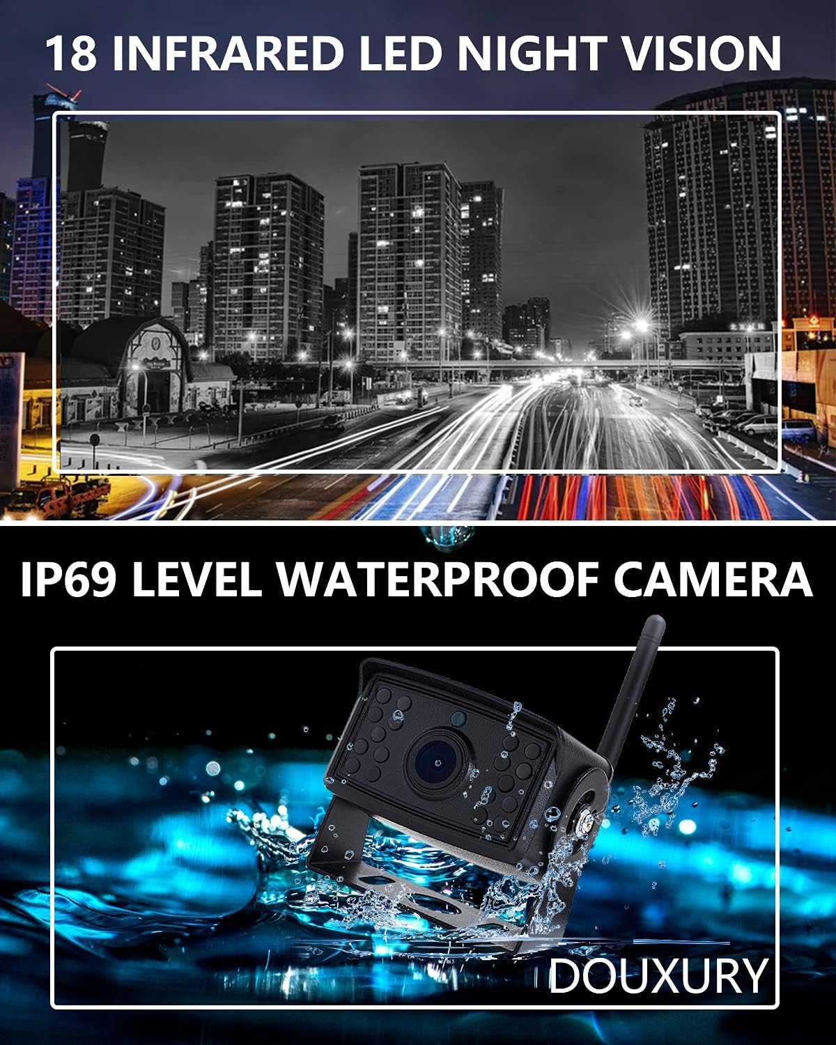 Wireless Backup Camera, DOUXURY IP69 Waterproof 170° Wide View Angle HD 1080P Backup Camera + HD LCD 7" Monitor