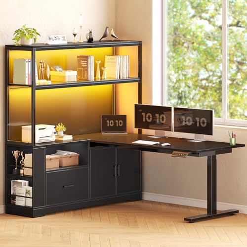 SEDETA L Shaped Standing Desk, Reversible Computer Office Desk with Drawers & Hutch