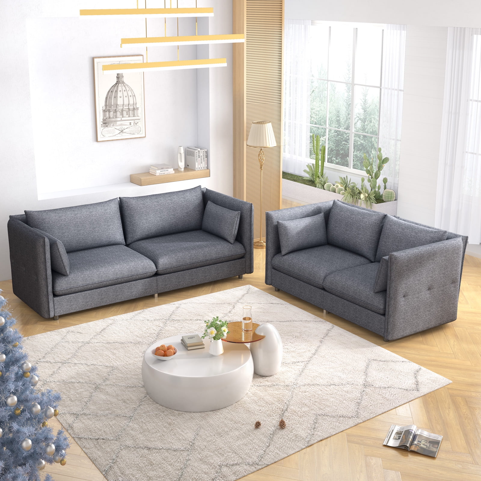 Mjkone Modern 2 Pieces Living Room Furniture Sofa Sets with Adjustable Armrest,Include Sofa&Loveseat,Linen Fleece Upholstered Couch Set,Dark Grey