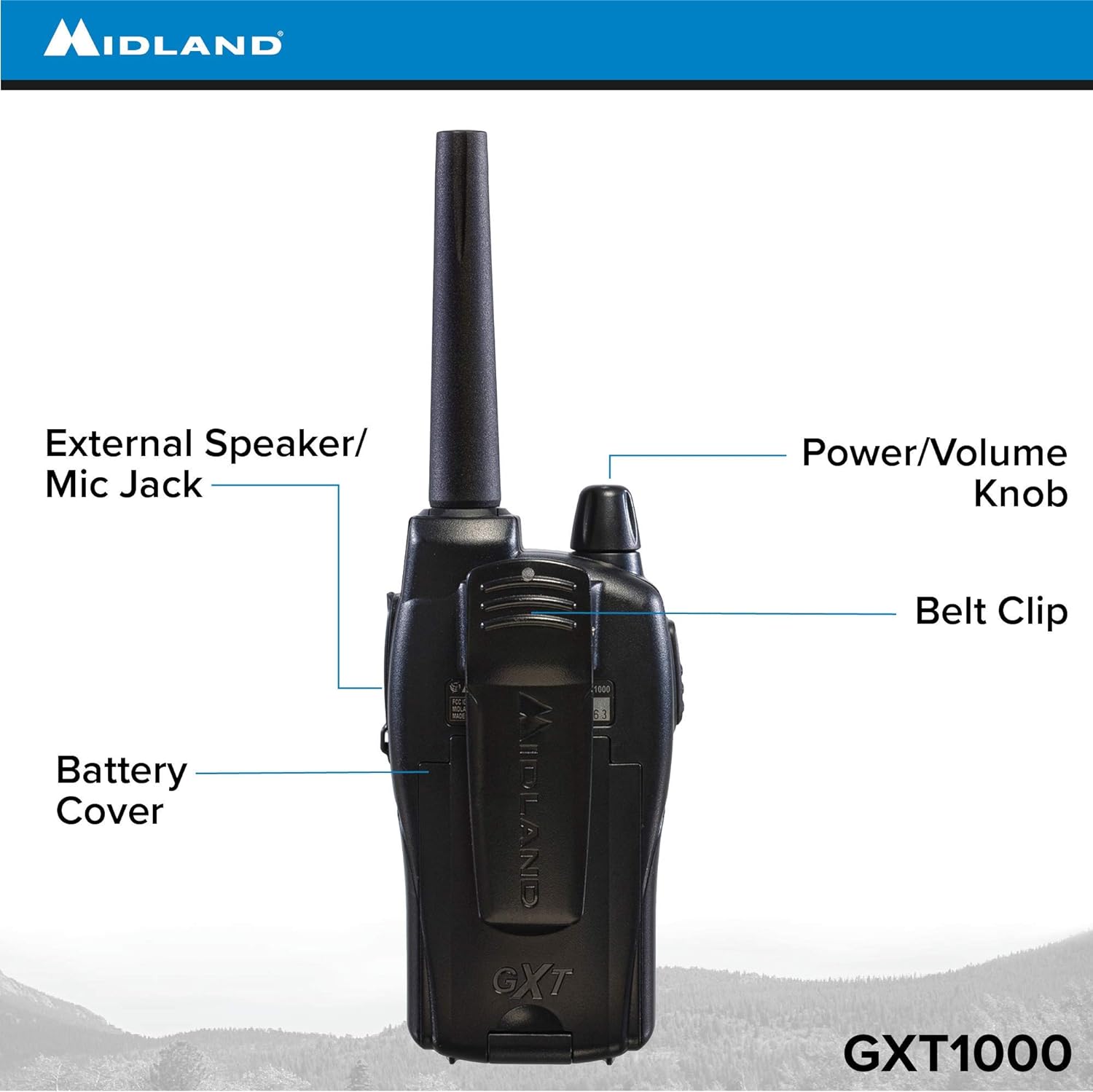 Midland GXT1000 GMRS Walkie Talkie - Long Range Two Way Radio with NOAA Weather Scan + Alert, 50 Channels, and 142 Privacy Codes (Black/Silver