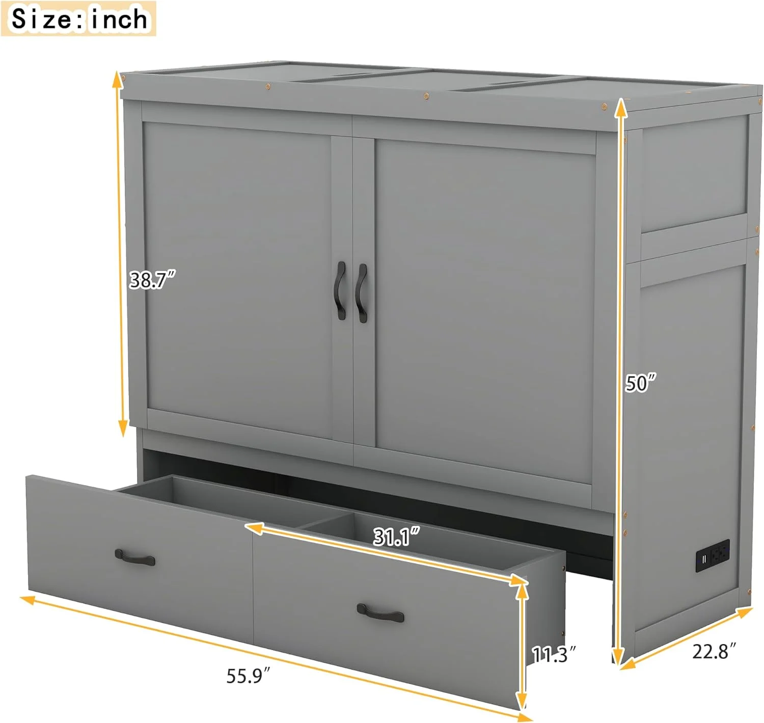 Full Size Murphy Bed Wih USB Por Ad A Large Drawer, Space-Savig Wall Bed For Mulipurpose Gues Room Or Home Office - Gray