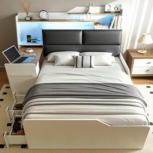 Full Platform Bed Frame with Foldable Desk, Daybed with Storage Headboard, Bookcase, 4 Drawers, LED Light & Charging Station, No Box Spring Needed