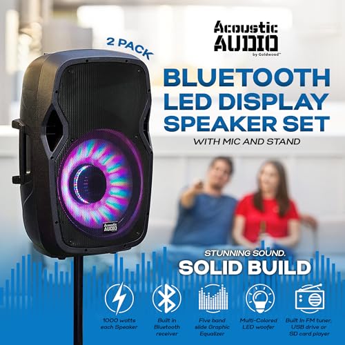 Acoustic Audio by Goldwood 1000W Bluetooth Speaker Set w/ 15" Woofer - Portable PA Sound System w/ Microphone, Adjustable Stand & Remote for Karaoke