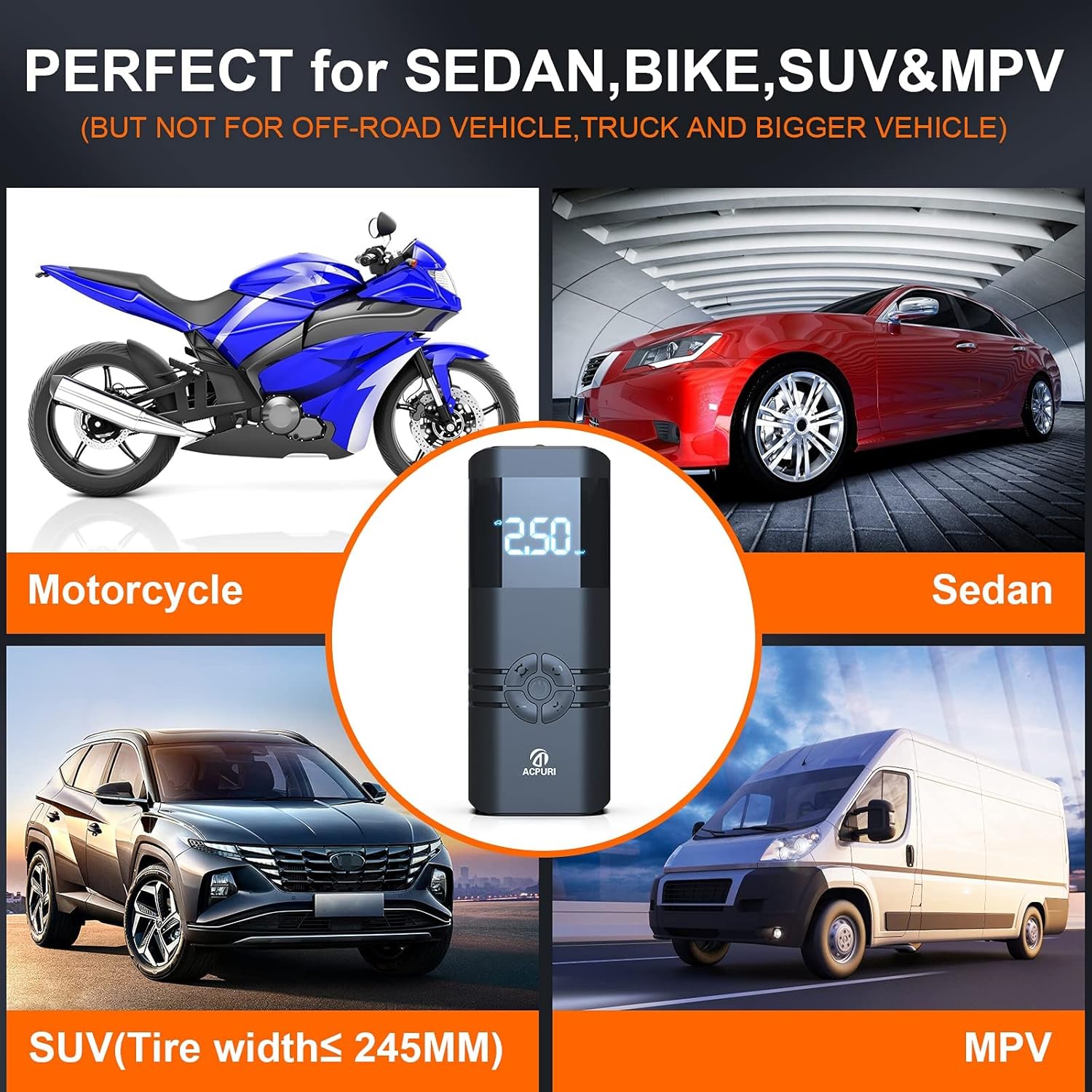 Portable Air Compressor Tire Inflator: 12V DC Auto Tire Pump Car Tire Inflator with Digital Pressure Gauge, Fast Inflation