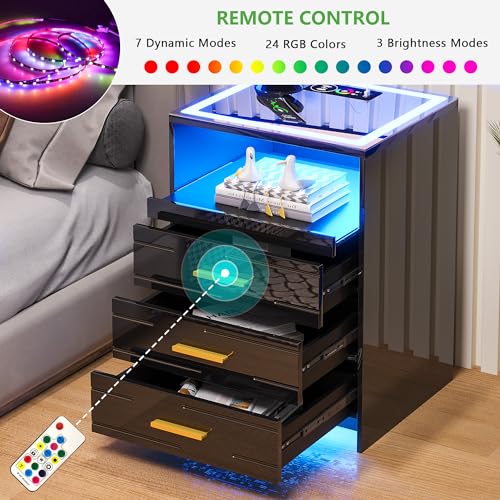 HNEBC RGB LED Nightstand with Wireless Charging Station, Smart Night Stand with 3 Drawers and Sliding Tray