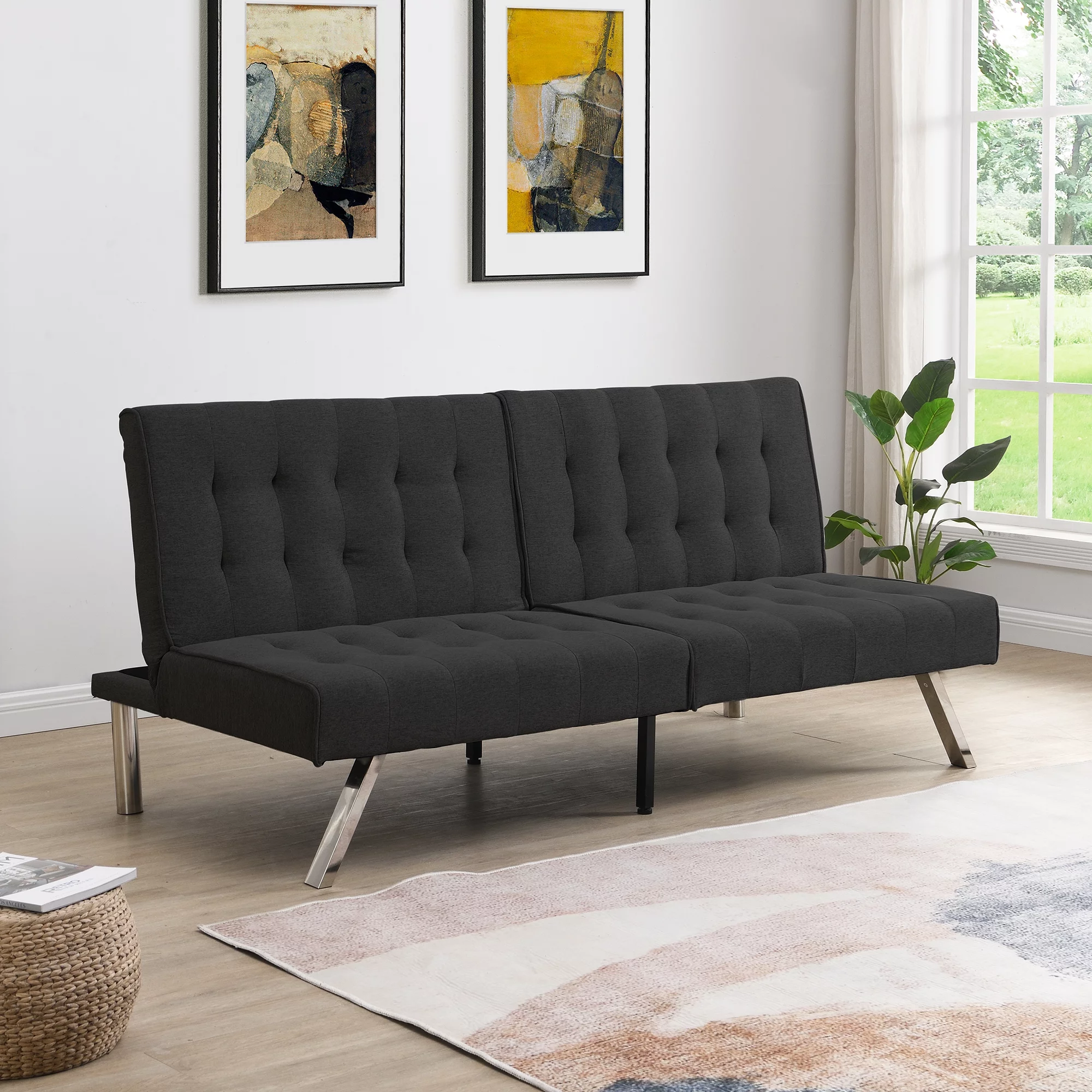 CoSoTower Wood Frame, Stainless Leg, Futon, Sofa Bed Black