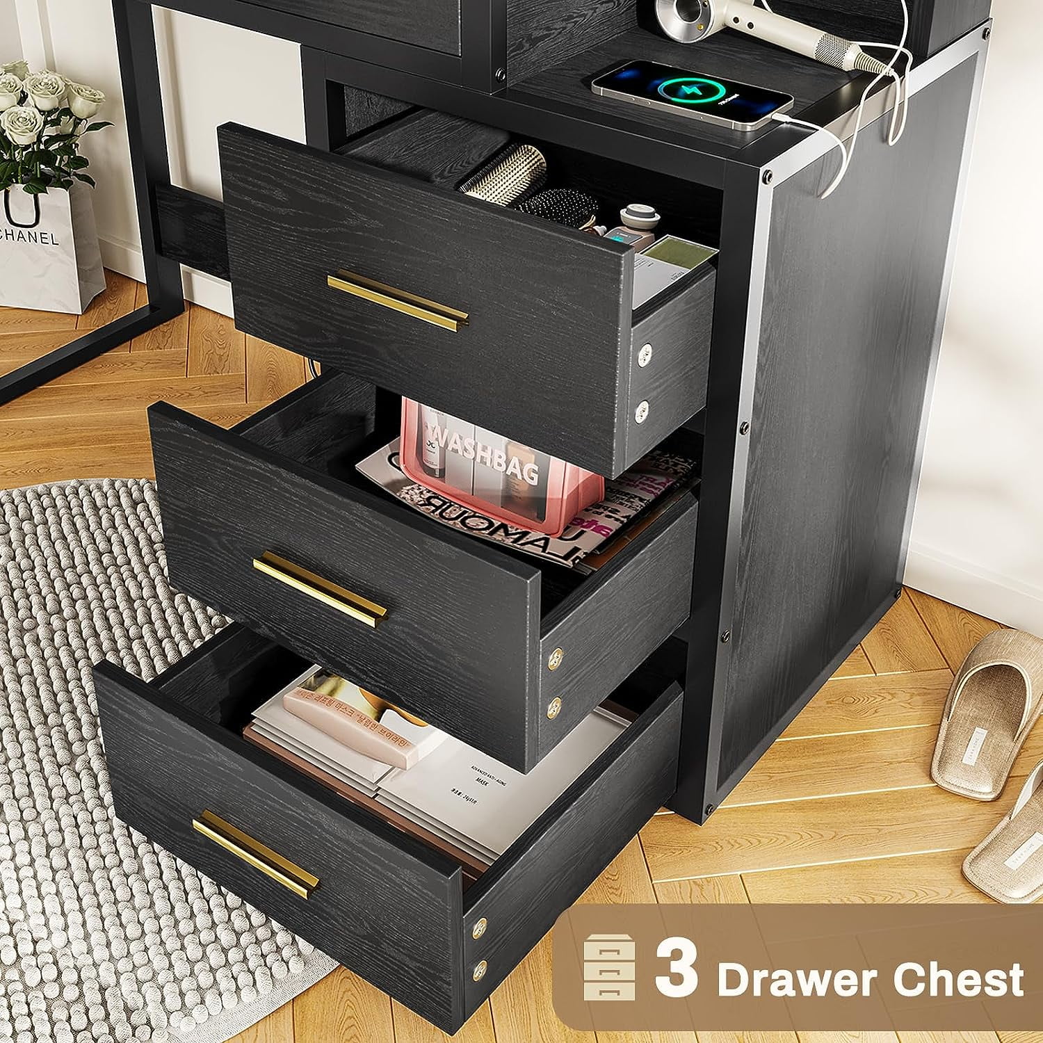 Makeup Vanity with Lights and Charging Station, Black Vanity Desk with 5 Drawers and Shelves,Makeup Table with Mirror and Lights