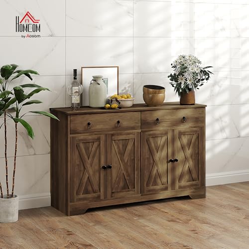 HOMCOM 48" Sideboard Buffet with Storage, Kitchen Storage Cabinet with 2 Drawers and 4 Barn Doors