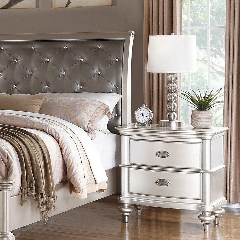 Traditional Look Queen Size Bed 4pc Set Faux Leather Tufted Headboard Dresser Mirror Nightstand Silver Finish Bedroom Furniture