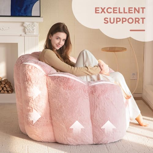 MAXYOYO Bean Bag Chair for Adults, Floral Shaped Bean Bag Sofa, Ultra Soft Faux Fur Floor Sofa, Large Reading Chair for Living Room Bedroom, Beige