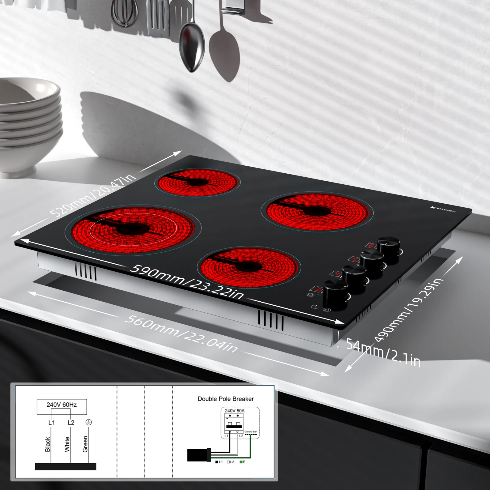 IsEasy Electric Cooktop 24 Inch, 4 Burners 220-240V 7500W with Knobs, 9 Heating Levels, Timer, Child Lock, Hard Wired, No Plug