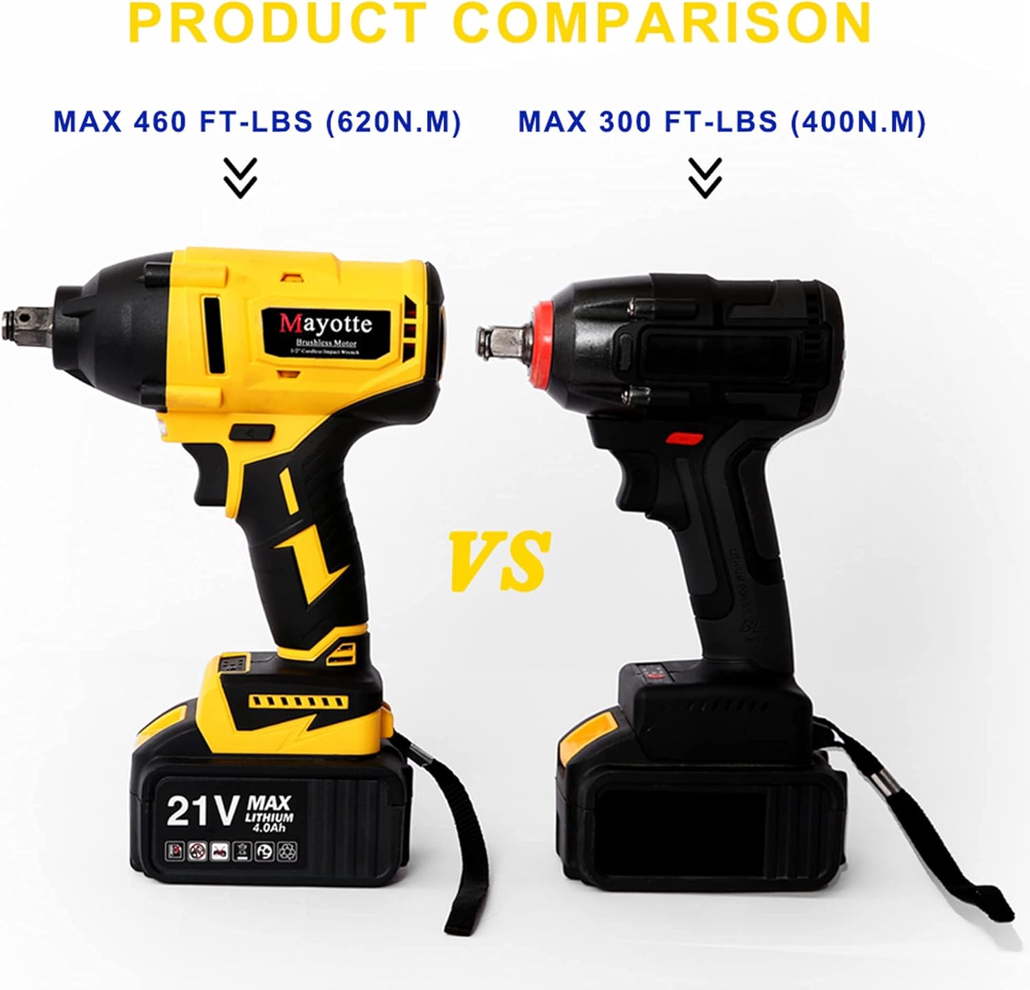 Cordless Impact Wrench 1/2 inch, Mayotte 21V Brushless Compact High Torque Impact Wrench Kit 460 Ft-lbs,4.0A Li-ion Battery, 4 Sockets