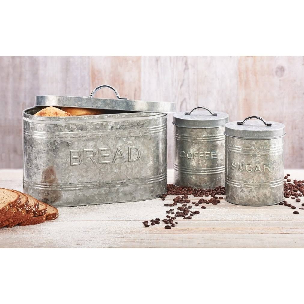 Rustic Kitchen Galvanized Metal Storage Canisters, Assorted Set of 3 (Coffee, Sugar, Bread)