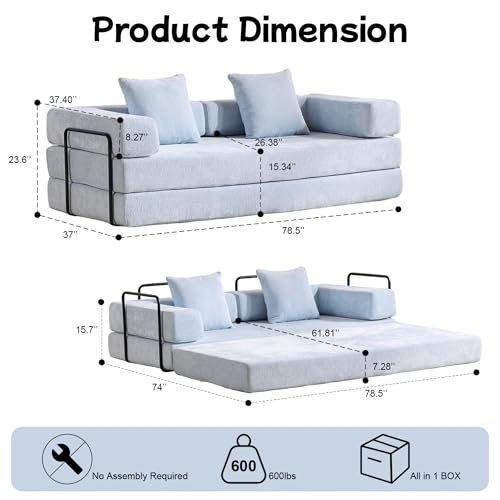 Convertible Floor Sofa Bed, Foldable Mattress Cloud Couch with Pillow Back & Armrest, Chenille Sleeper Sofa Bed with Fixed-Shape Frame