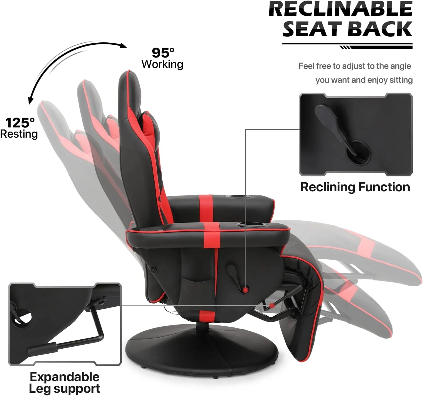 Massage Gaming Recliner Chair PU Leather Lounging Video Gaming Couch Adjustable Backrest Living Room Single Sofa With Speakers & Organizer Bag