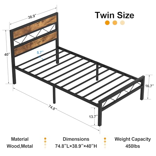 VECELO Queen Metal Platform Bed Frame with Rustic Vintage Wooden Headboard, Heavy Duty 14 Metal Slats Support