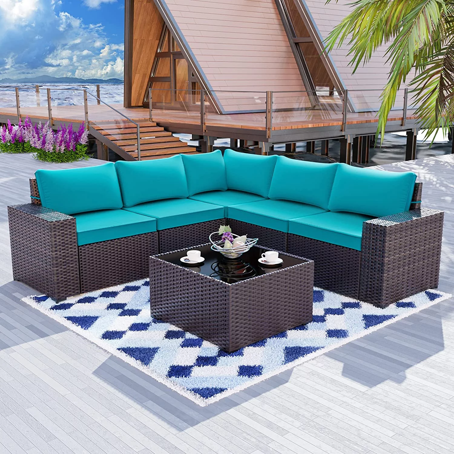 ALAULM Patio Furniture Sets 6 Pieces Patio Sectional Outdoor Furniture Patio Sofa Chairs Set All Weather PE Rattan Wicker Couch Conversation Set with