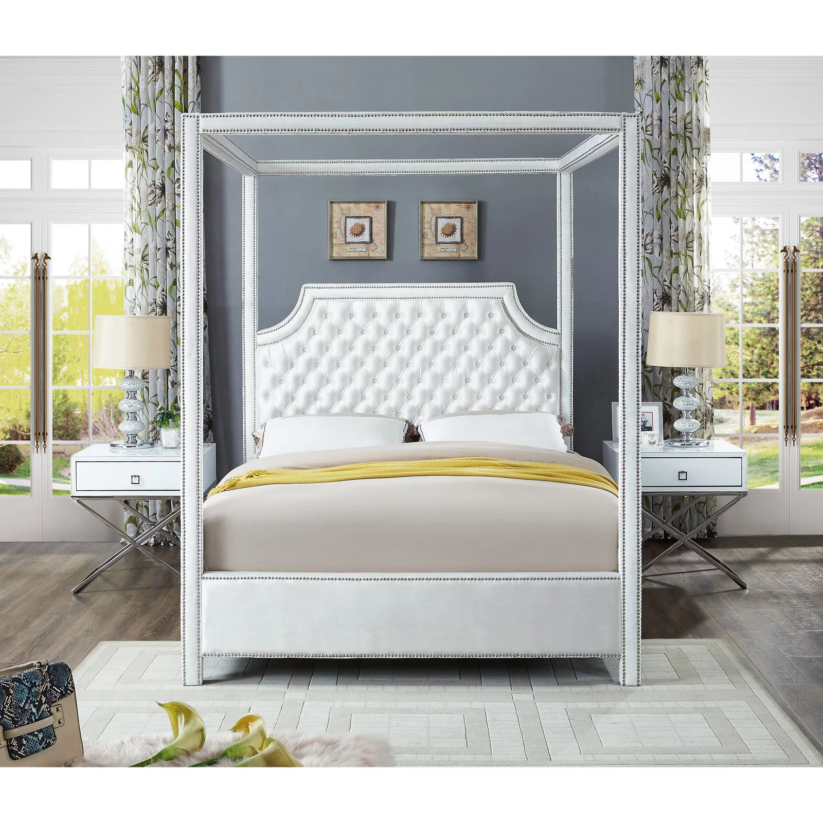 Meridian Furniture Inc Rowan Tufted Canopy Bed with Nailhead Trim