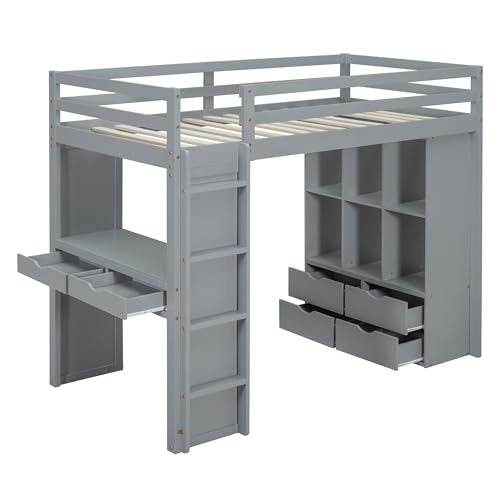 Full Size Loft Bed with Desk & Wardrobe, Solid Wood Kids Loft Bedframe w/3 Storage Drawers & 2 Shelves, Maximum Space Design, for Bedroom, Dorm, Gray