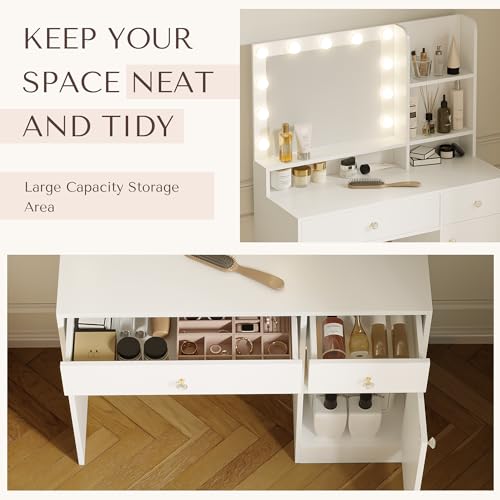 Vanity Desk with Mirror and Lights, Diamond Edition Vanity Desk, Makeup Vanity Table with 3 Drawers & 5 Open Shelves
