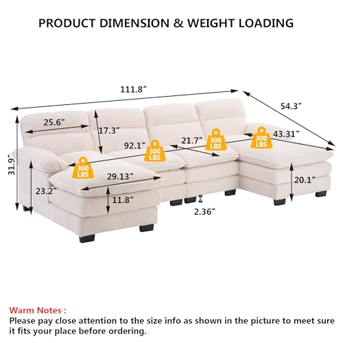 Aoowow Corduroy Loveseat Sofa Couch with Ottomans,Luxury Modular Sectional 2 Seater Sofa with Deep Seat