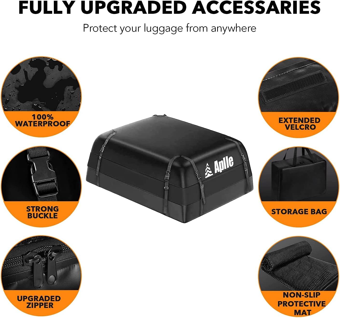 APLLE Rooftop Cargo Carrier, 15 Cubic Feet Rooftop Car Bag, with Anti-Slip Mat, Storage Bag, 8 Reinforced Straps, 6 Door Hooks