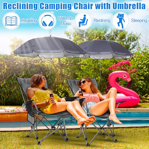 Karenhi 2 Set Beach Camping Chair with Umbrella for Adult Folding Reclining Camping Chair with Foot Rest Adjustable Clamp Canopy Shade for Outdoor