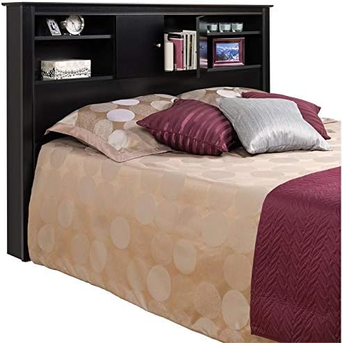 Pemberly Row Full Queen Wood Bookcase Headboard and Cabinet Storage in Black Finish